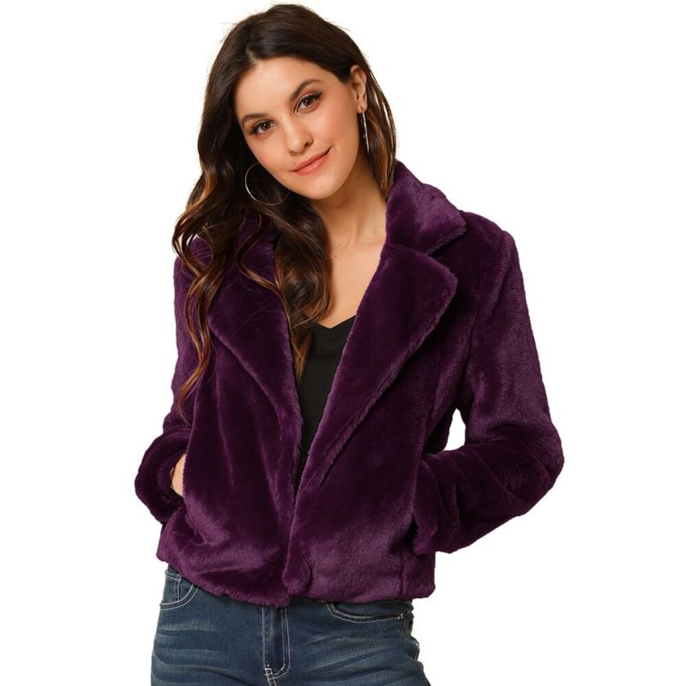 Cropped Jacket Notch Lapel Faux Fur Fluffy Coat Deep Purple